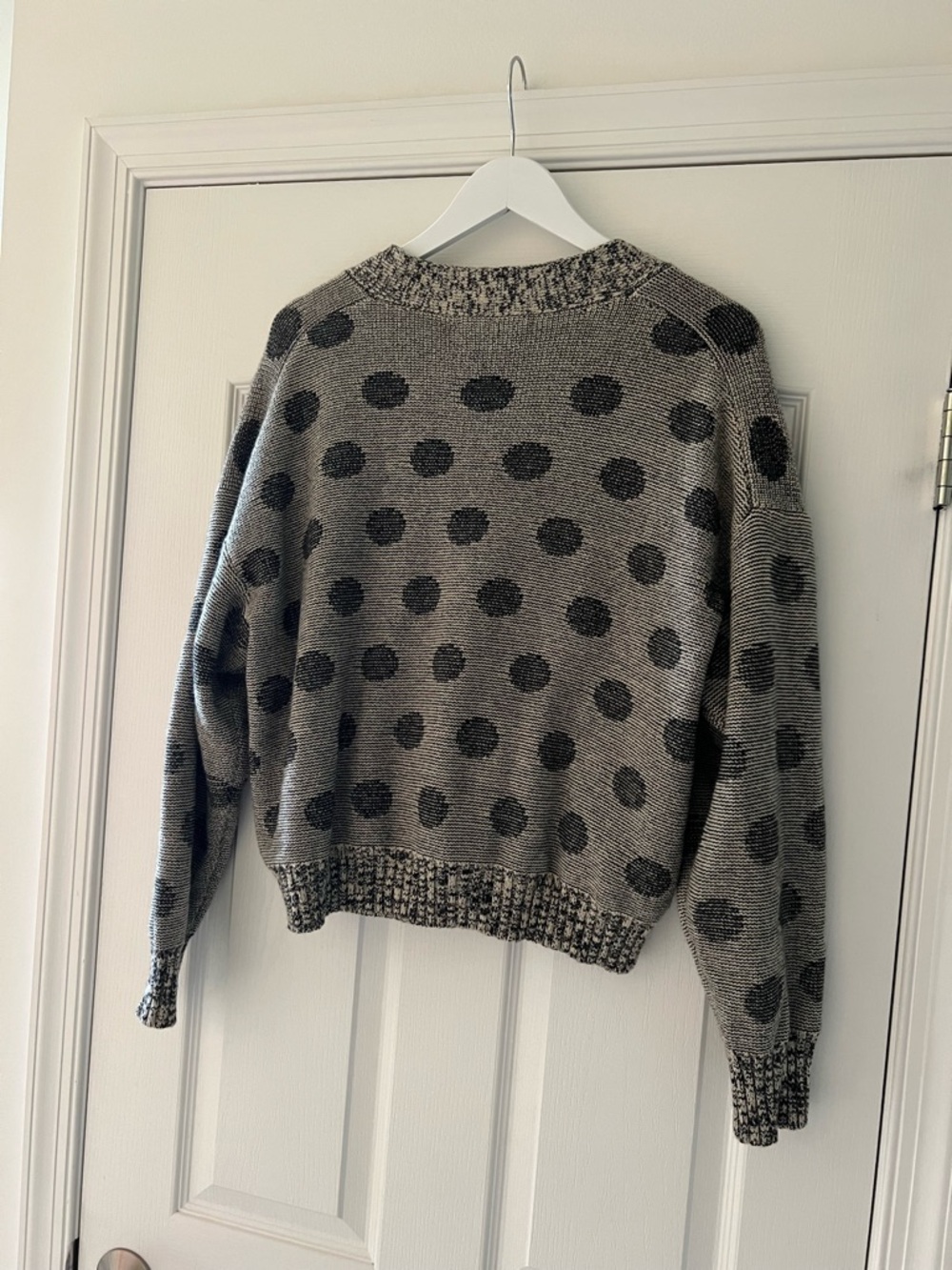 THE GREAT. Gray and Black Polka Dot V-Neck Cardigan - Picture 2 of 5
